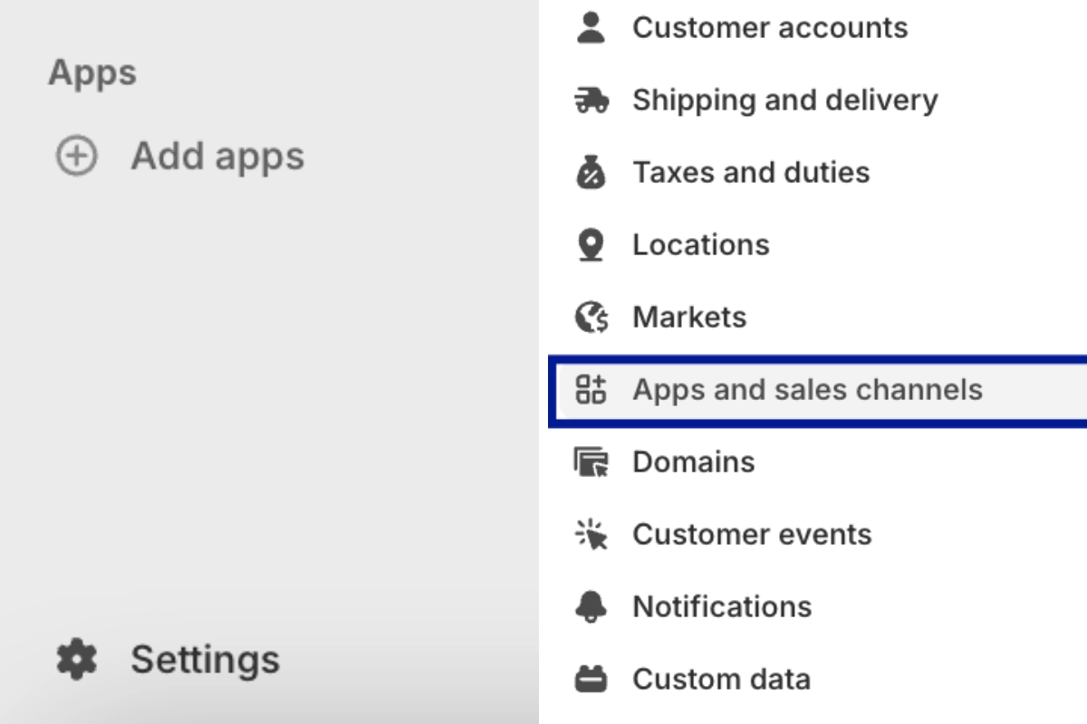 Go to your Shopify Admin dashboard > Choose Settings > Click Apps and Sales Channel